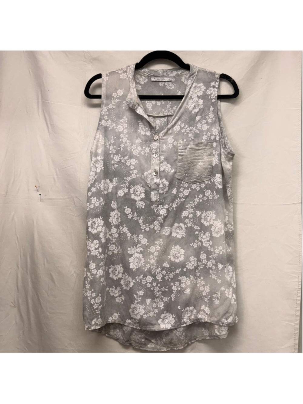 Women's Angela Mara Tunic XS Gray White Floral Sleeveless Top